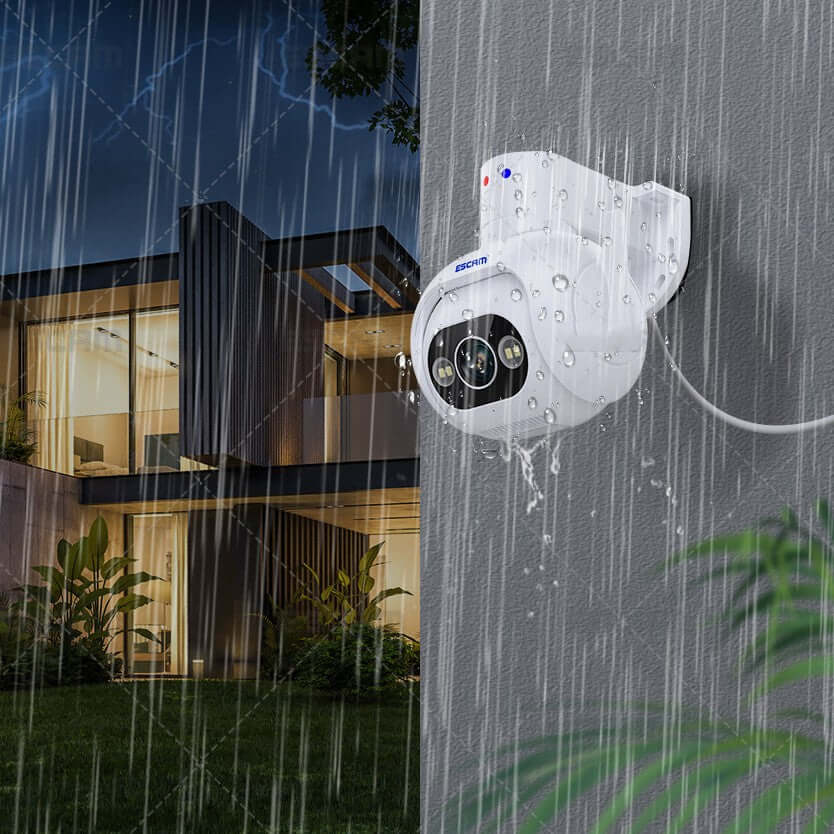 Caméra intelligente murale avec vision nocturne et protection IP66, adaptée pour l'intérieur et l'extérieur sous la pluie.