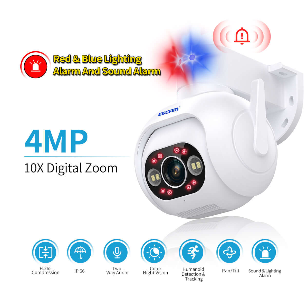 Caméra intelligente 4MP avec zoom numérique 10X, vision nocturne, alarme sonore et lumière rouge/bleue.