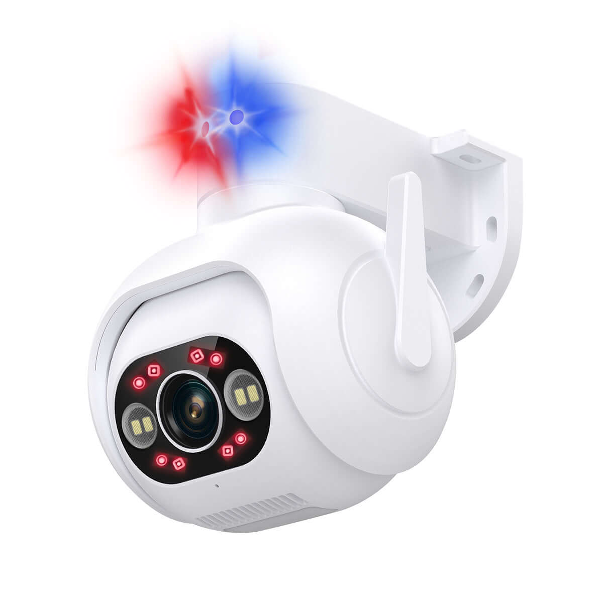 Caméra intelligente couleur murale avec vision nocturne et alarmes LED, conçu pour intérieur et extérieur.