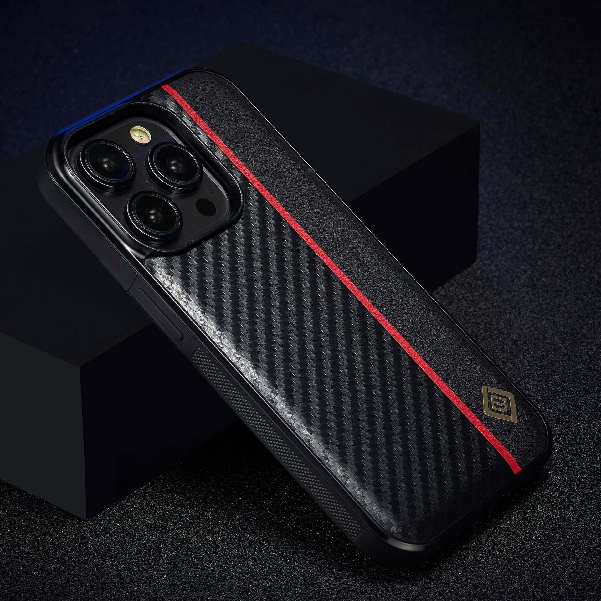 Black carbon fiber phone shell with red stripe for iPhone, stylish, anti-fall, business-friendly design.