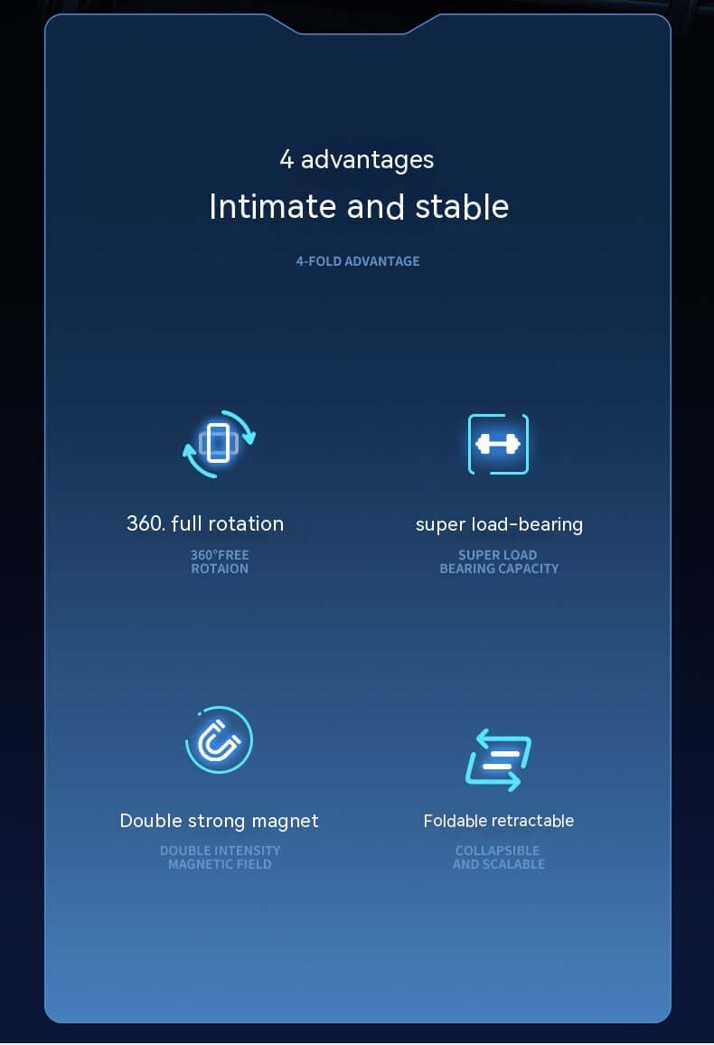 Advantages of a magnetic car phone holder: 360° rotation, strong magnet, super load-bearing, foldable and retractable design.