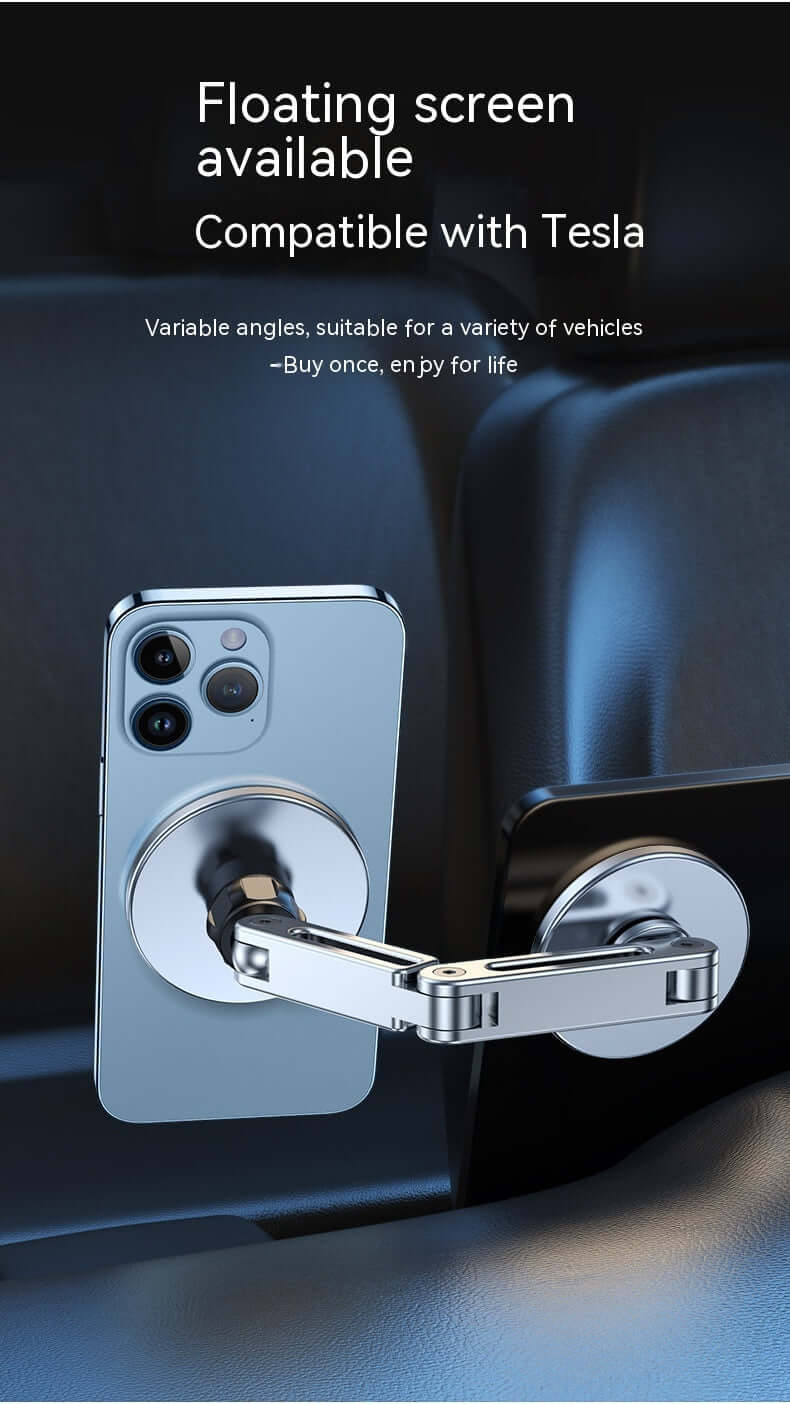 Magnetic car phone holder with adjustable screen, compatible with Tesla and various vehicles.