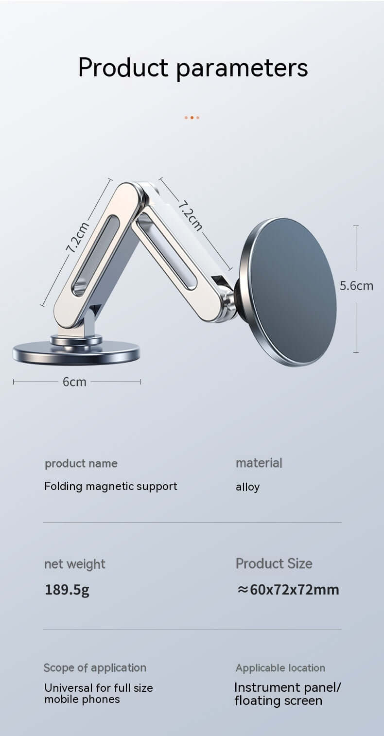 Magnetic car phone holder with folding support, made of aluminum alloy, showcasing product dimensions and features.