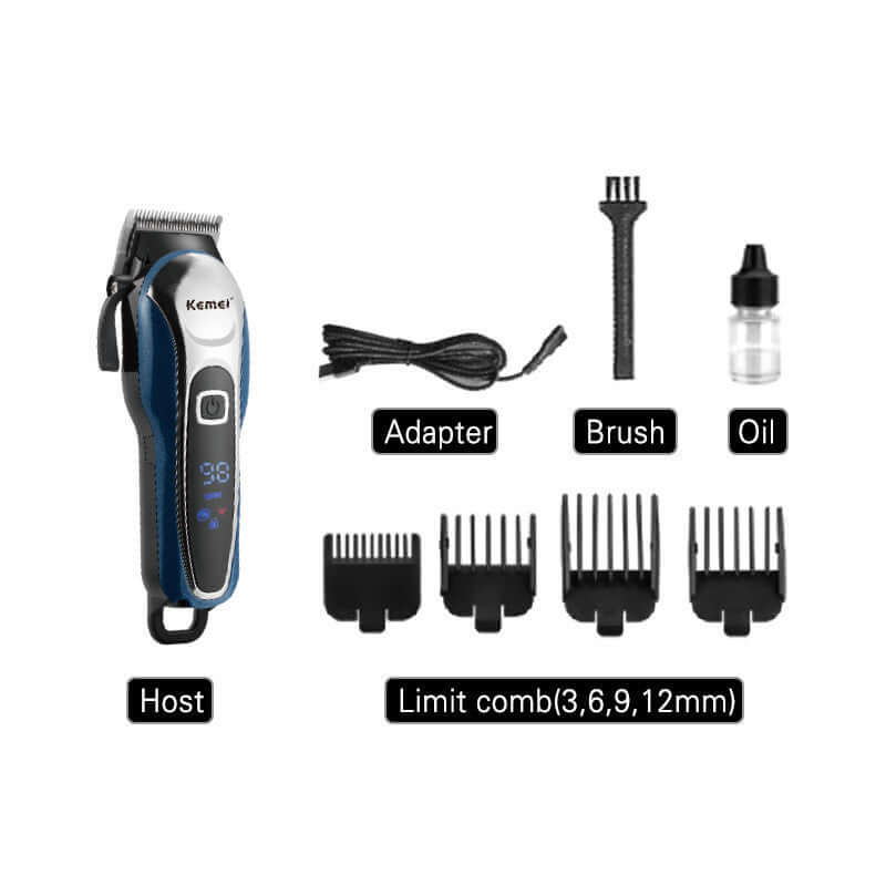 KM-1995 electric hair clipper with accessories: adapter, brush, oil, and limit combs for precision cutting.