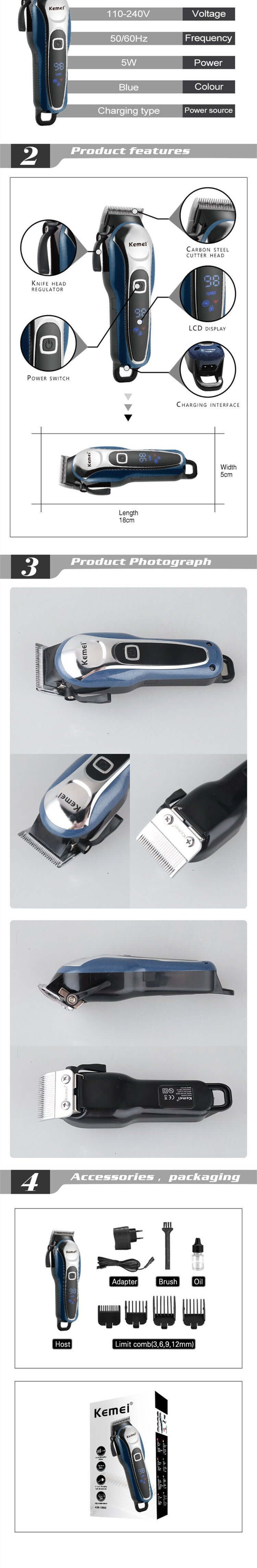 LCD display electric hair clipper set with combs, brush, lubricating oil, and charger in blue color.