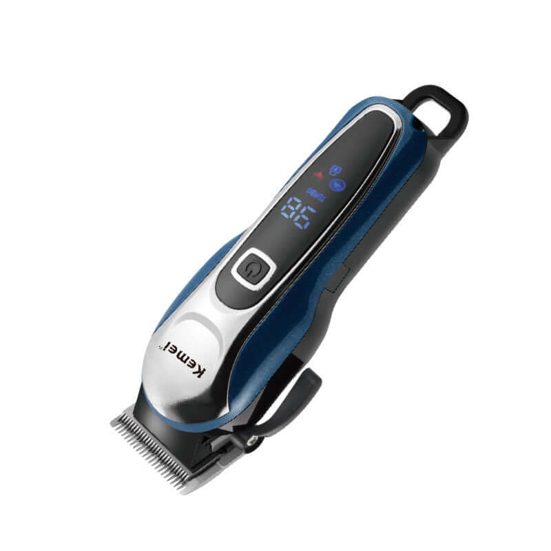 LCD display rechargeable hair clipper for professional salons, KM-1995 model in blue.