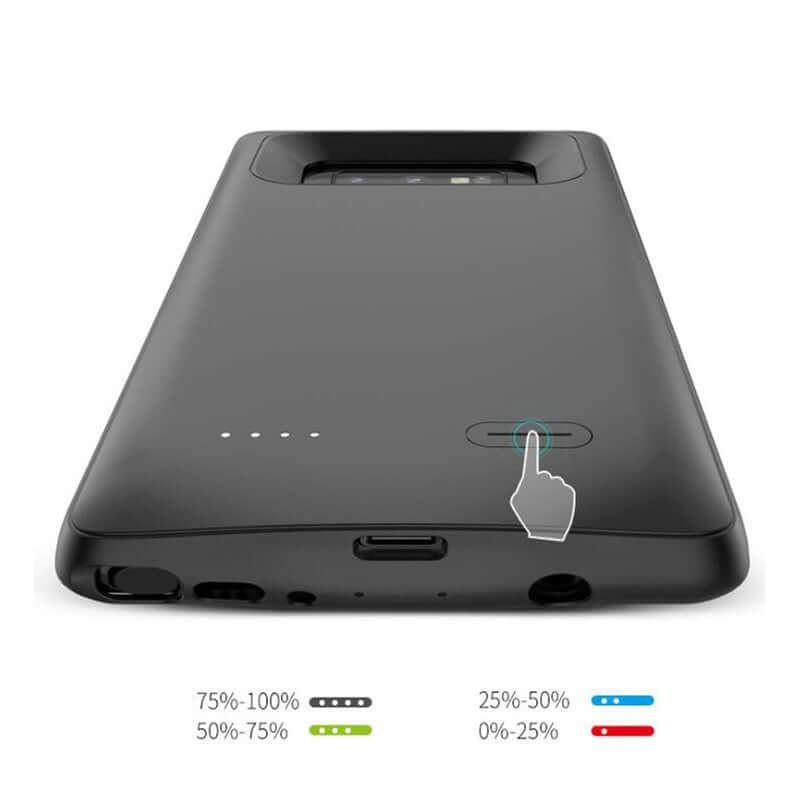 Black back clip battery case for Samsung Note9 with charging indicator and button features.