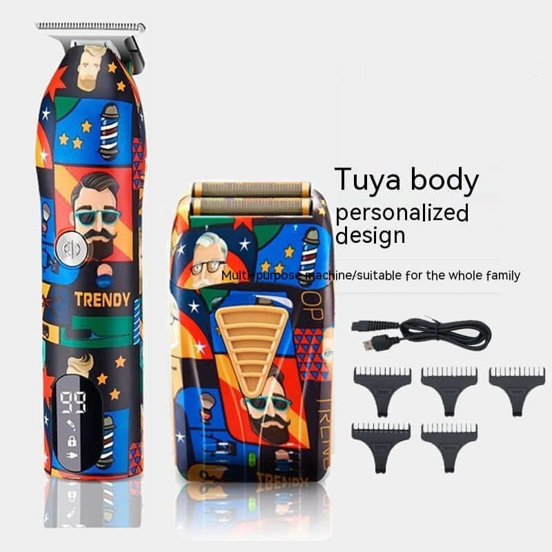 Graffiti electric hair clipper and shaver set with personalized design, USB cable, and limit combs for family use.