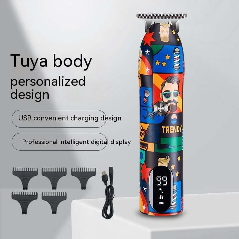 Household graffiti electric hair clipper with USB charging, digital display, and limit combs for precise grooming.
