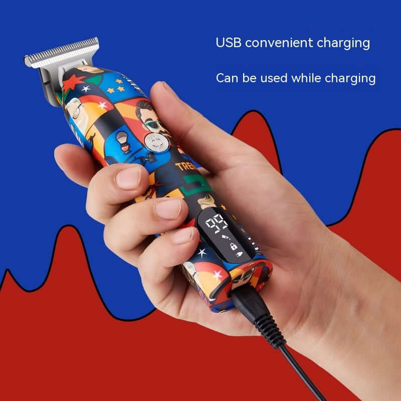 Household graffiti electric hair clipper held in hand, showcasing USB charging and usage while plugged in.