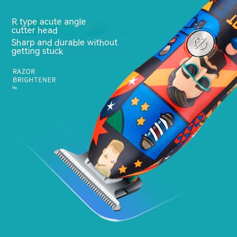 Household graffiti electric hair clipper with sharp R type acute angle cutter head for precise grooming.