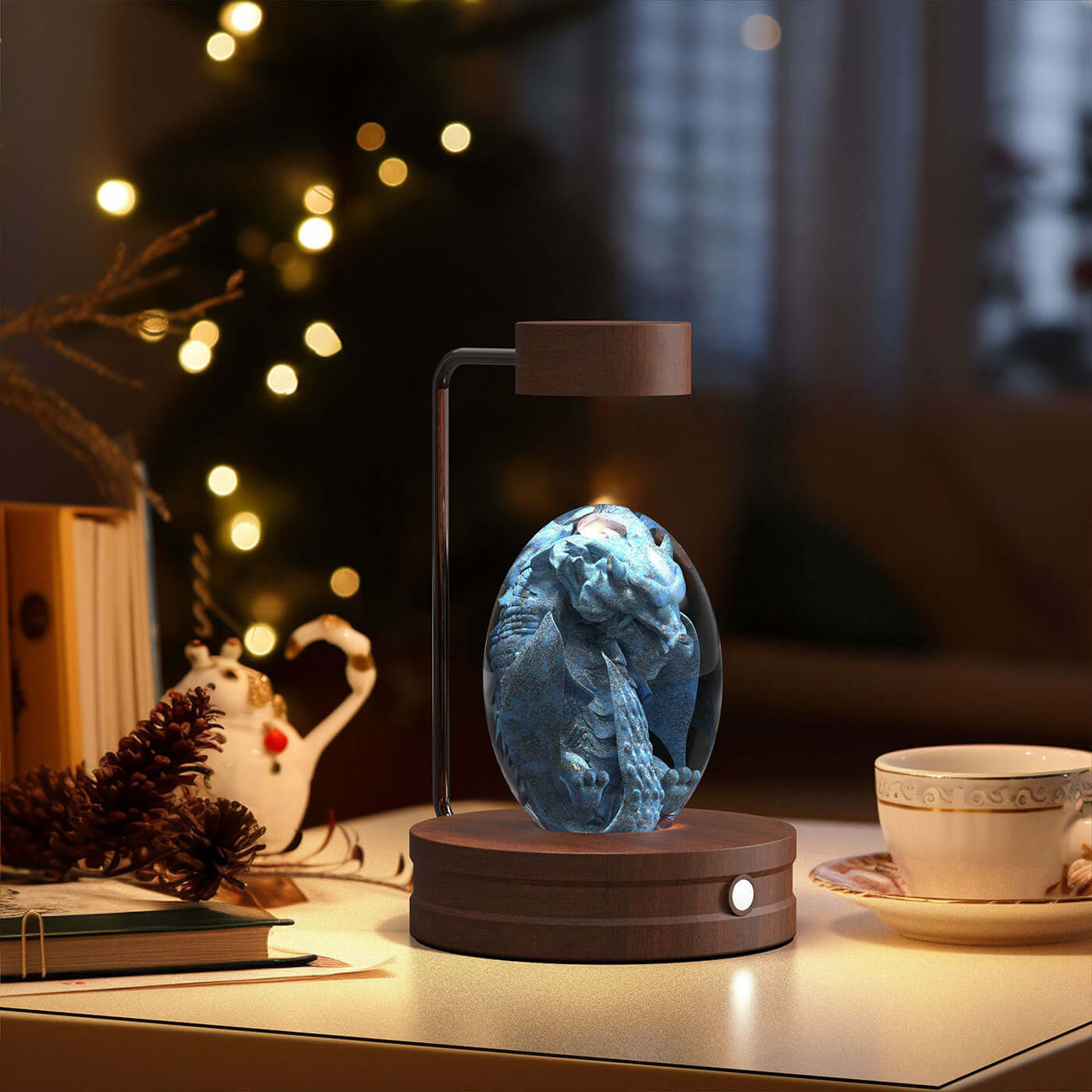 Crystal ball dinosaur night light creating a cozy atmosphere with warm glow on bedside table.