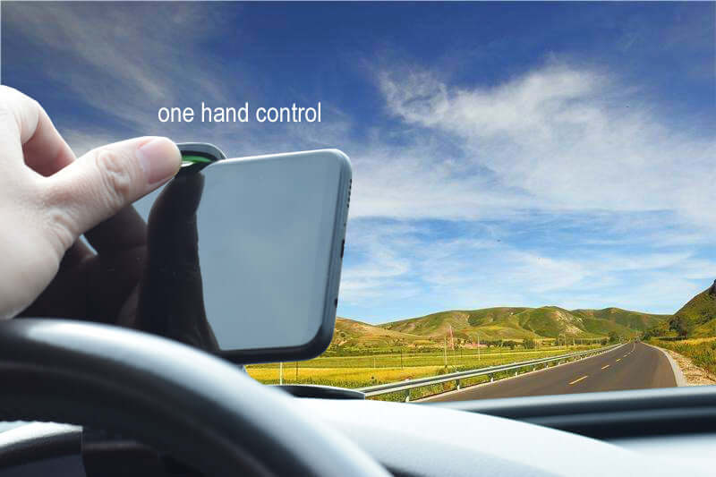 Hand holding a smartphone in a car, demonstrating one-handed control for the universal car phone holder.