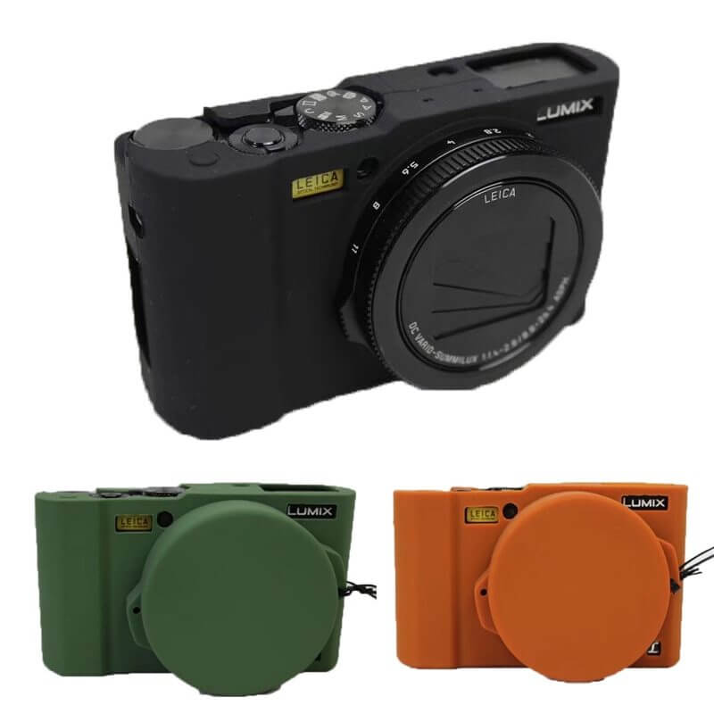 Silicone soft case camera bag in green, black, and orange for LX10 camera, offering wear-resistance and shockproof protection.