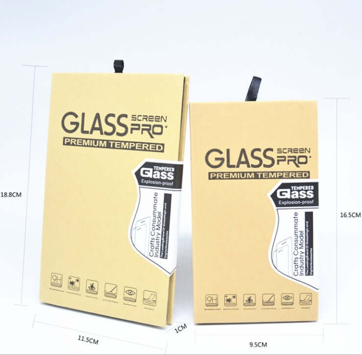 Tempered glass screen protector packaging for mobile phones, showing premium, explosion-proof features.