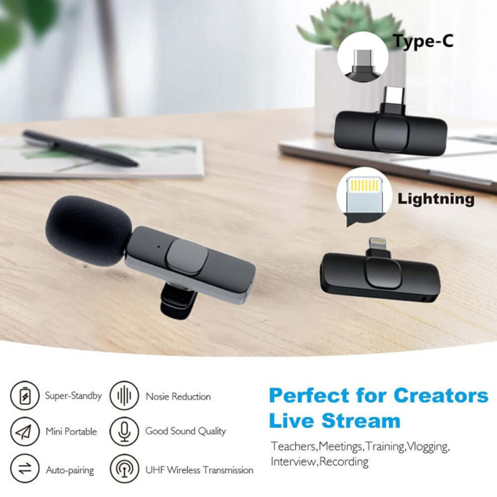 Wireless lavalier microphone for live streaming, featuring Type-C and Lightning connectors, ideal for creators and recording.