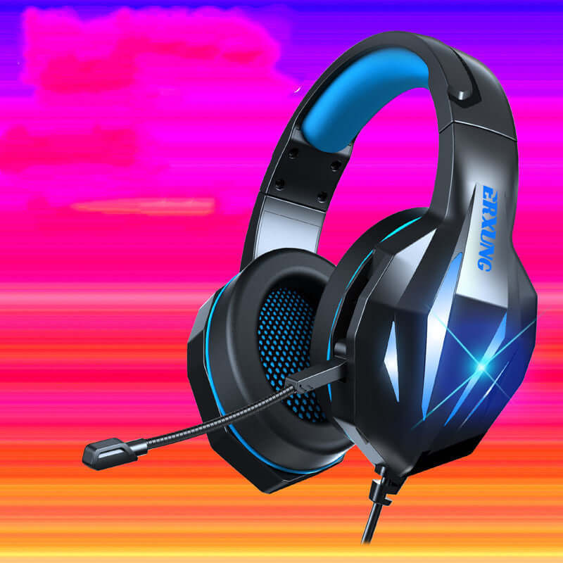 Wired gaming headset with luminous design, adjustable microphone, and 3.5mm plug for immersive audio experience.