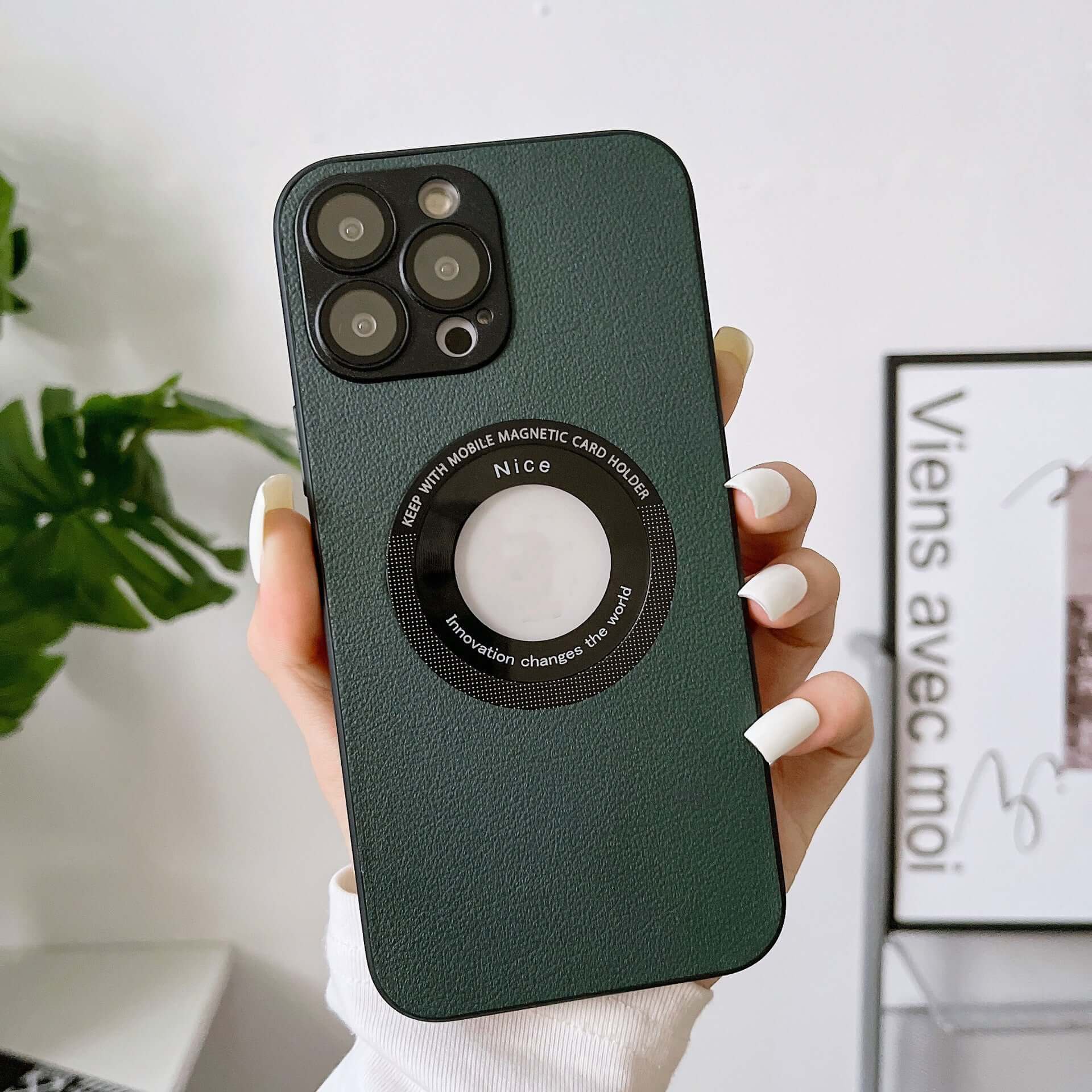 Green litchi grain leather iPhone 15 Pro case with magnetic feature and anti-fall protection.