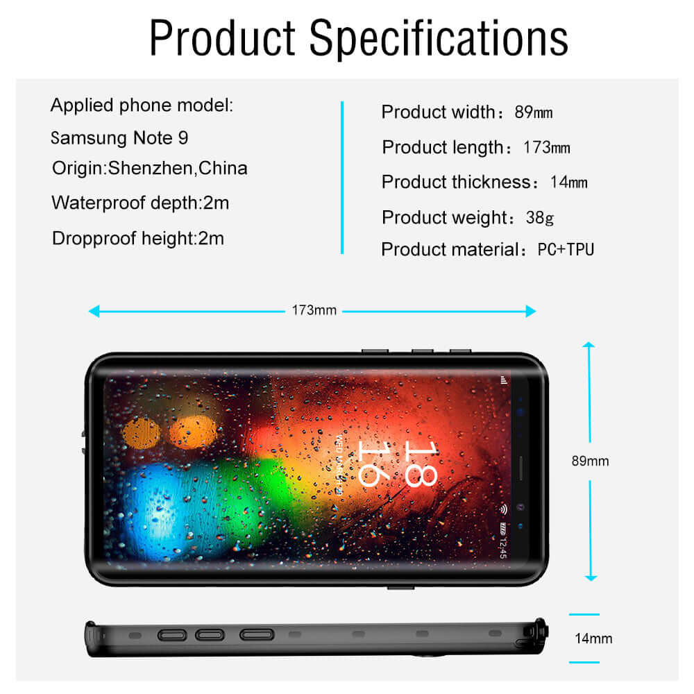 Product specifications for anti-fall dustproof phone case compatible with Samsung Note 9, showcasing dimensions and features.