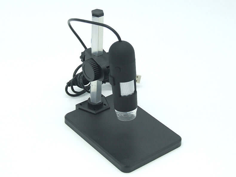 USB microscope camera with adjustable stand and LED illumination for clear magnified images.