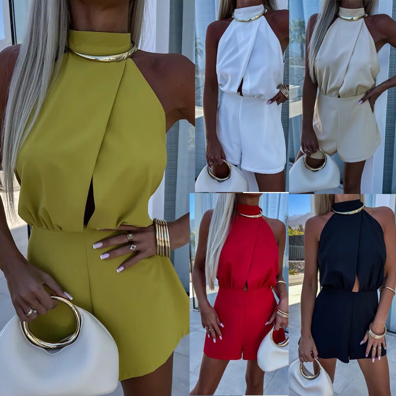 Half Turtleneck Sleeveless One-piece Shorts High Waist Straight Jumpsuit - DBMP Shop