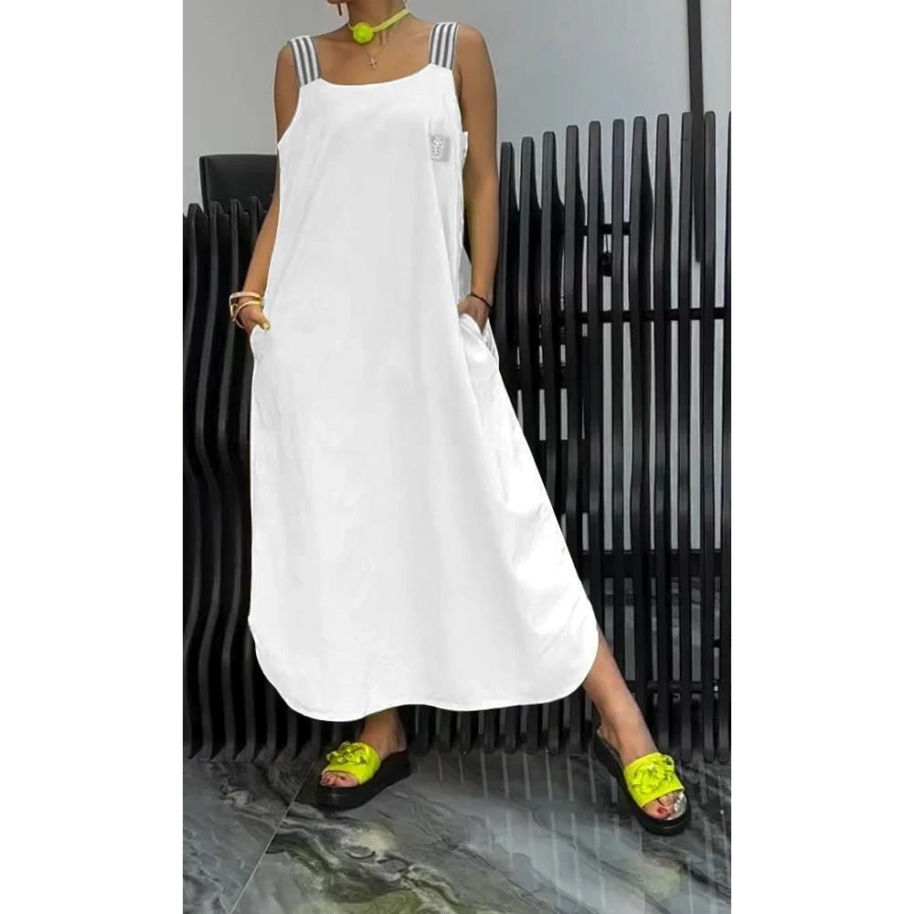 Casual Cotton And Linen Pocket Striped Shoulder Strap Skirt - DBMP Shop
