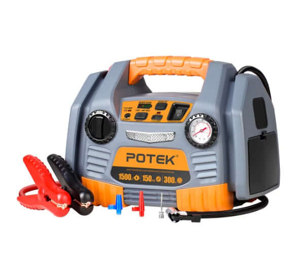 POTEK Portable Power Source with jumper cables, tire inflator, and controls for emergency car battery jump-starting and inflating tires.