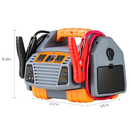 POTEK portable power source with jumper cables and AC charging ports, measuring 12.0 in x 8.6 in x 9.4 in.