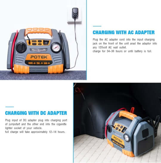 POTEK Portable Power Source charging with AC and DC adapters for versatile power options on the go.