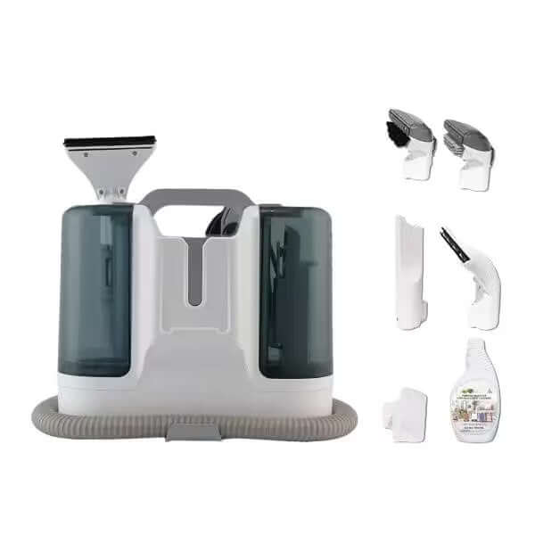 Portable Dirt Remover Brush with water tank, spray suction integration, and various cleaning attachments for versatile use.