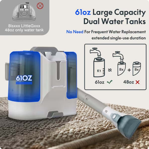 61oz large capacity dual water tanks for efficient cleaning with no frequent water replacement needed.