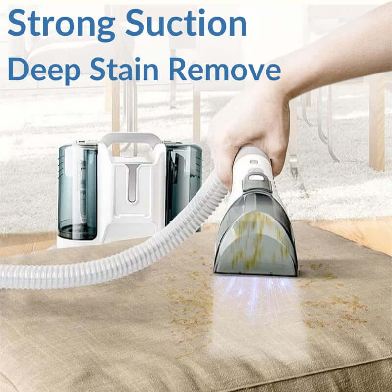 Portable dirt remover brush demonstrating strong suction for deep stain removal on carpet.