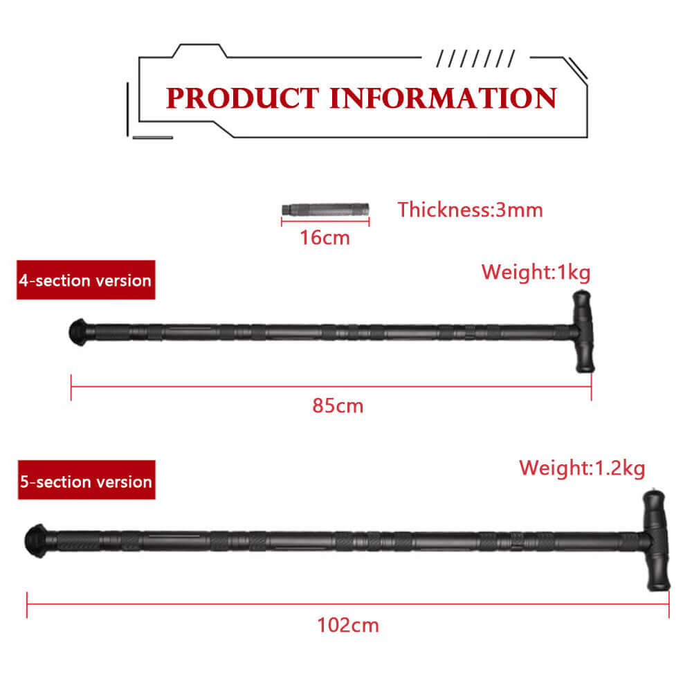 Self-defense stick product information showing 4-section and 5-section versions with sizes and weights.