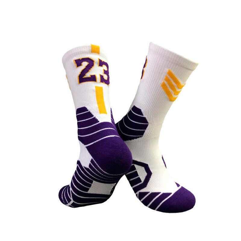 Superstar basketball socks featuring purple design and number 23, crafted from polyester, suitable for various shoe sizes.