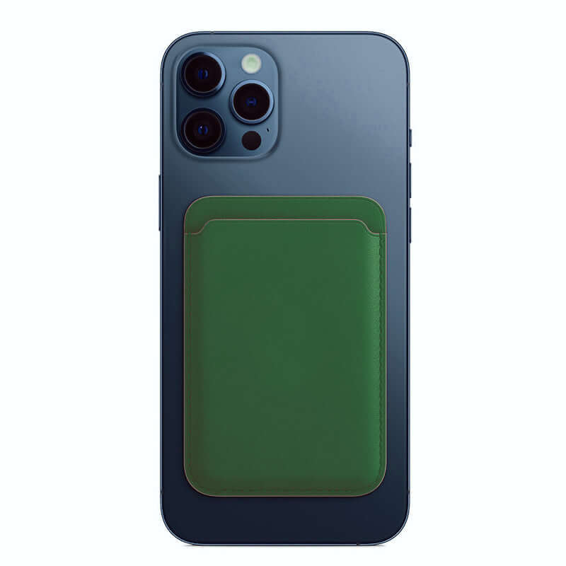 Green leather card holder wallet case attached to an iPhone 14 Pro Max, showcasing magnetic attachment and sleek design.