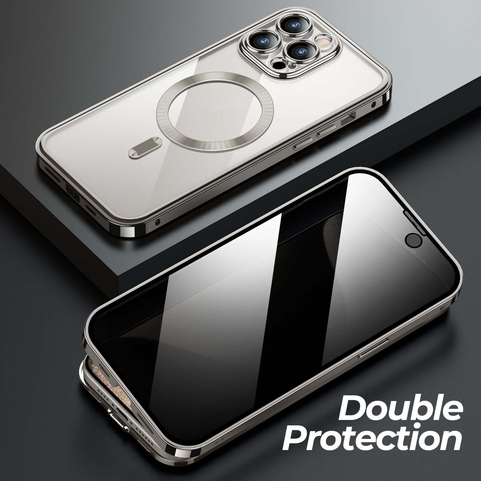 Anti-privacy metal buckle phone case showcasing double protection and sleek design with magnetic support.
