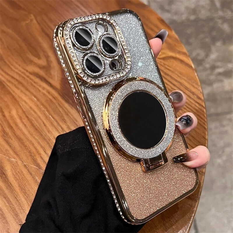 Glitter protective phone case with makeup mirror, compatible with various iPhone models, featuring a stylish gradient design.