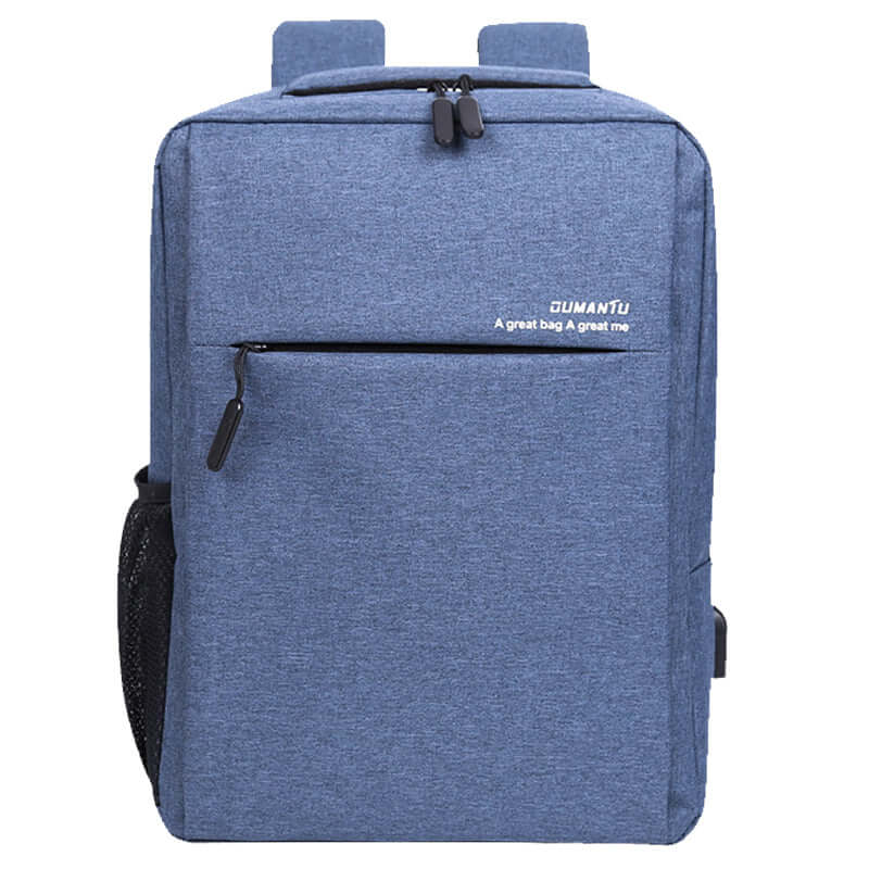 Waterproof and shockproof rechargeable backpack in blue, made of durable Oxford cloth with multiple compartments and zippers.