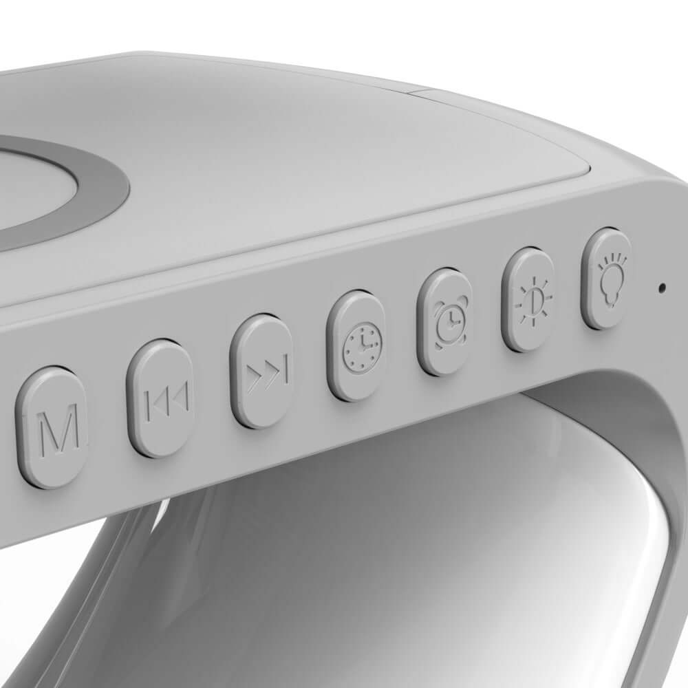 Close-up of control buttons on the New Intelligent G Shaped LED Lamp with music and alarm features.