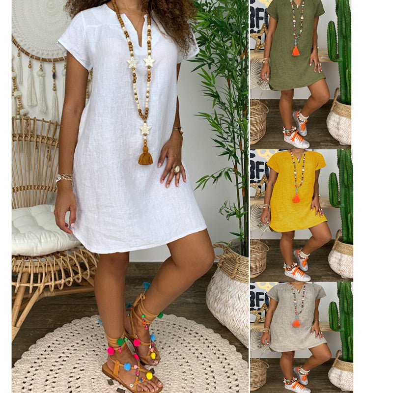 Womens Summer Casual Solid Color V Neck Short Sleeve Dresses Boho Beach Sundresses - DBMP Shop