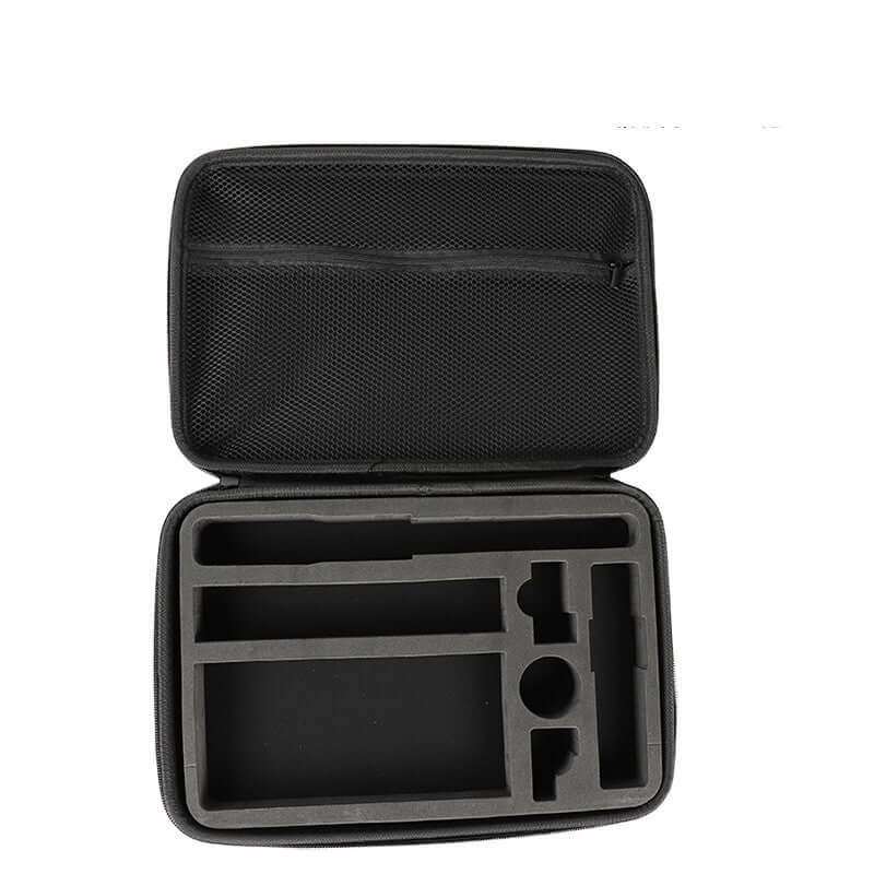 Open black storage case with foam compartments for accessories, designed for portable organization.