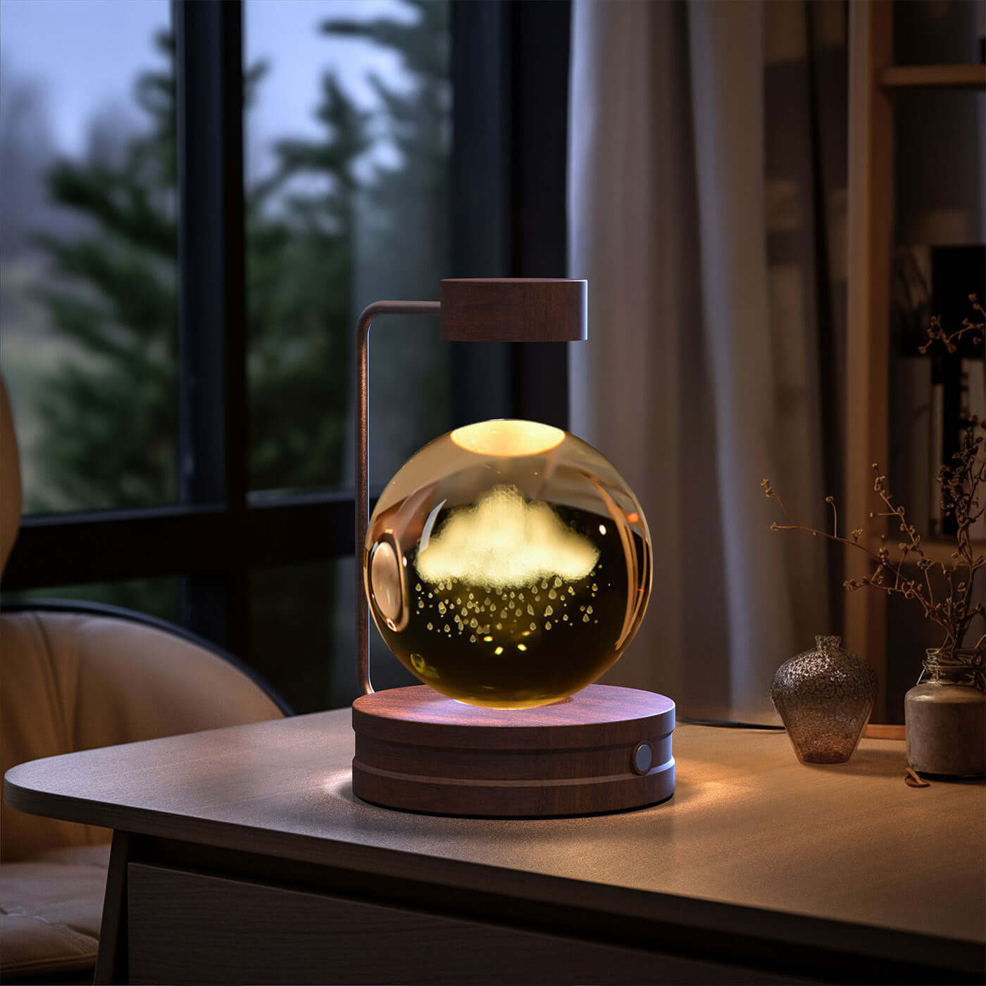 Warm crystal ball night light on a wooden base creating a cozy atmosphere for home decor.