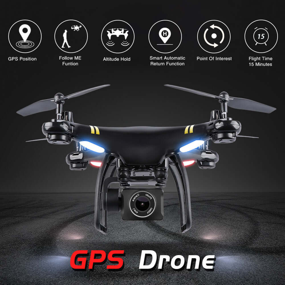 GPS drone with camera featuring follow me function, altitude hold, smart return, and 15-minute flight time.