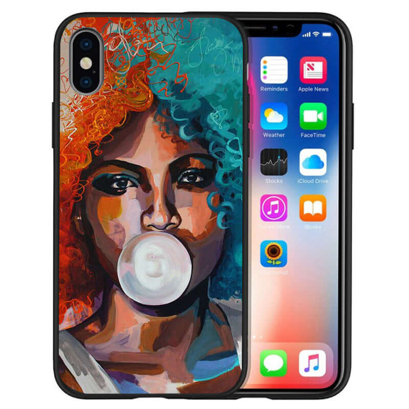 Colorful fashion girl phone case featuring art of a woman blowing bubble gum with vibrant hair.