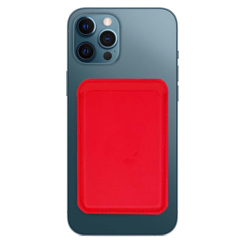 Red leather card holder wallet case attached to a smartphone, designed for MagSafe compatibility.