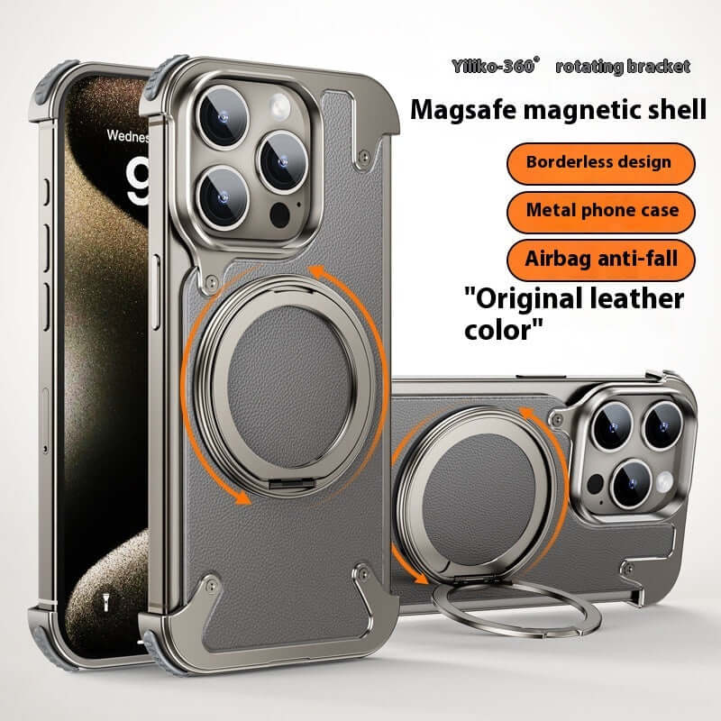 Magnetic metal drop-resistant phone case with rotating bracket, designed for iPhone, showcasing borderless design and anti-fall features.