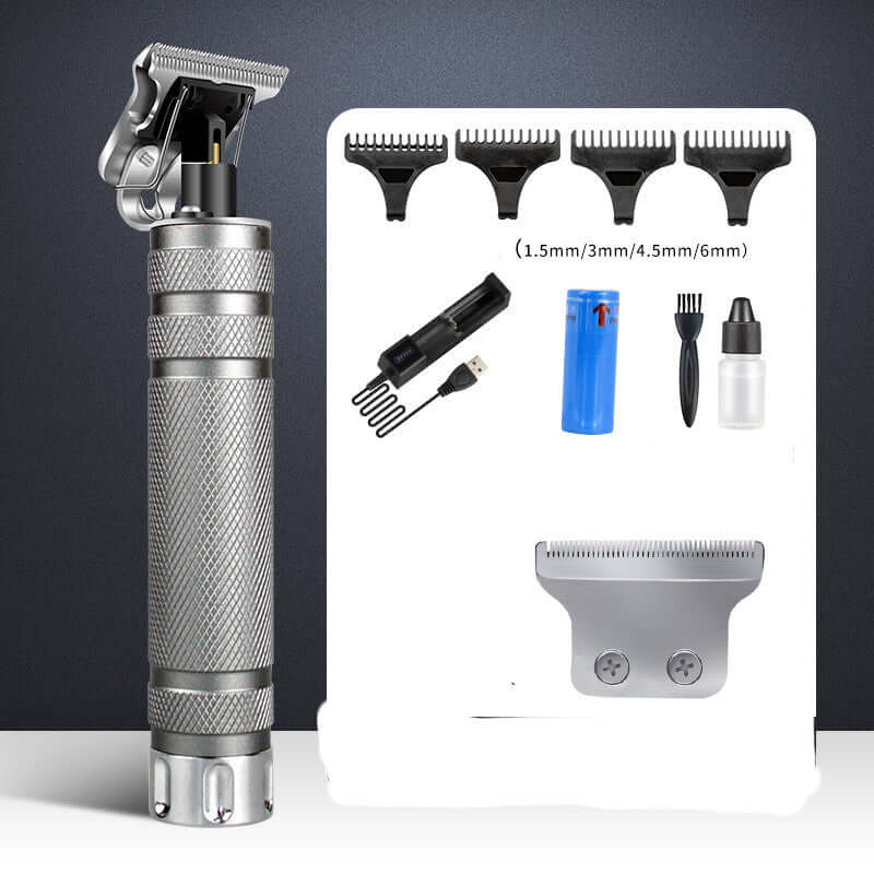 Professional electric hair clipper with adjustable guards and grooming tools for precise trimming and engraving.