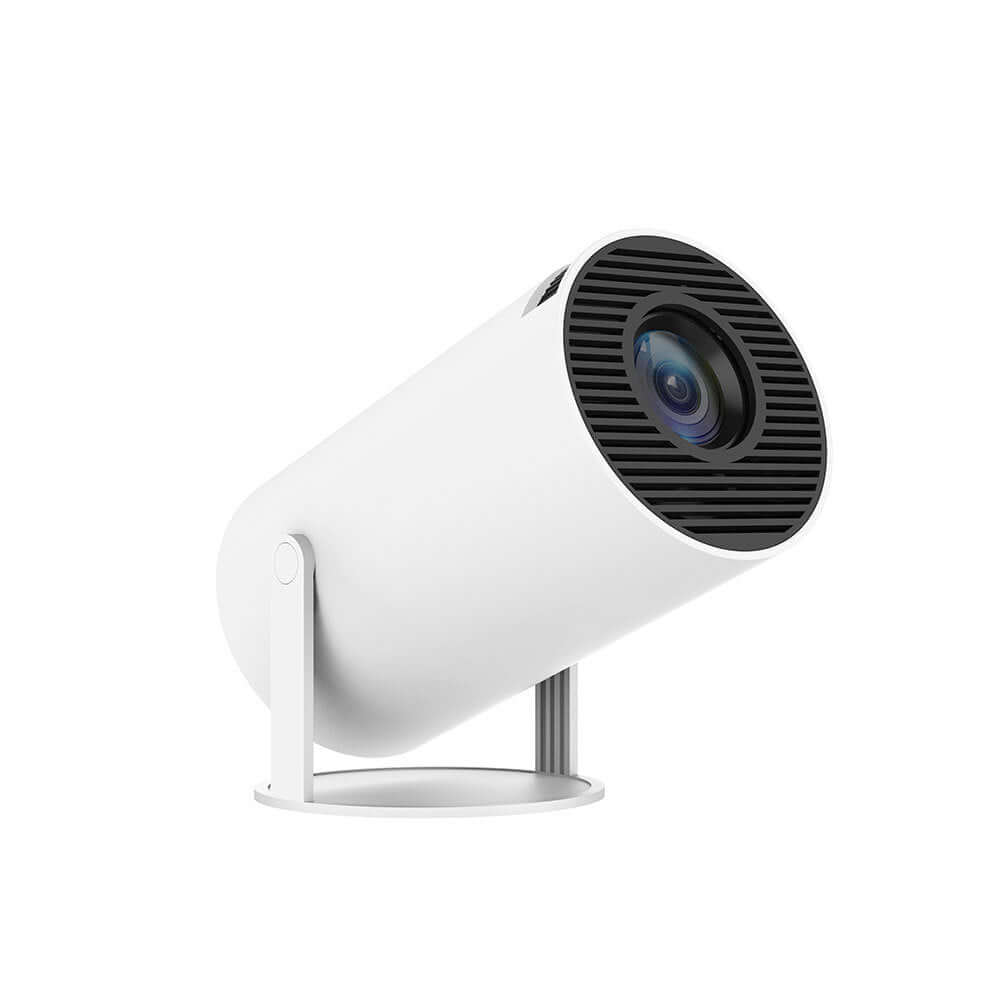Compact white portable projector with a sleek design and lens, ideal for home entertainment.