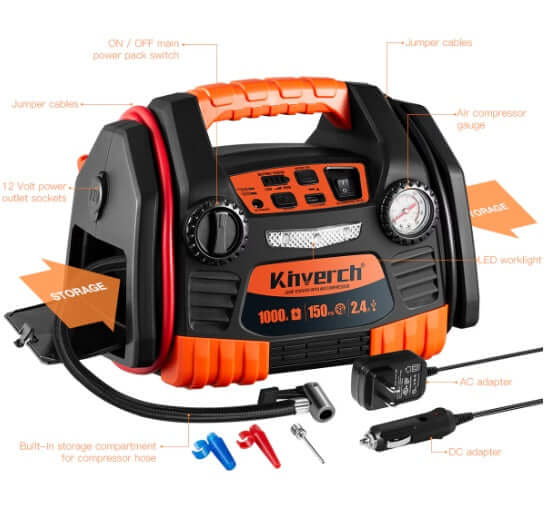 Portable battery jumper starter with air compressor, 1000 peak amp, LED light, and USB charging ports for emergencies.