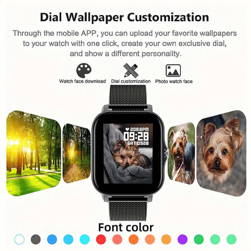 Smart watch with customizable dial wallpapers, showcasing nature and pet images, font color options, and features.